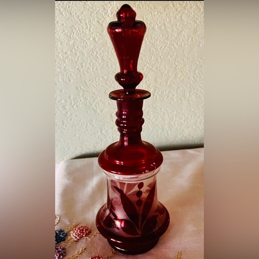 Vintage Ruby Red Decanter with Stopper Bohemian Style Glass Floral Etched Design